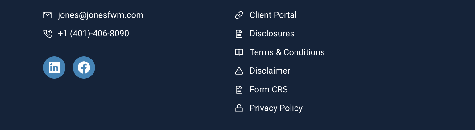 Jones' client portal menu located in footer.