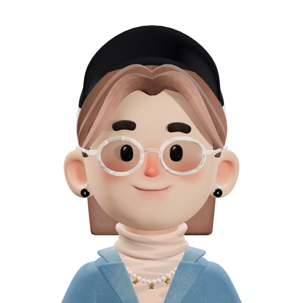 A 3D model of Willow Laing in a hat, glasses and turtleneck, smiling.