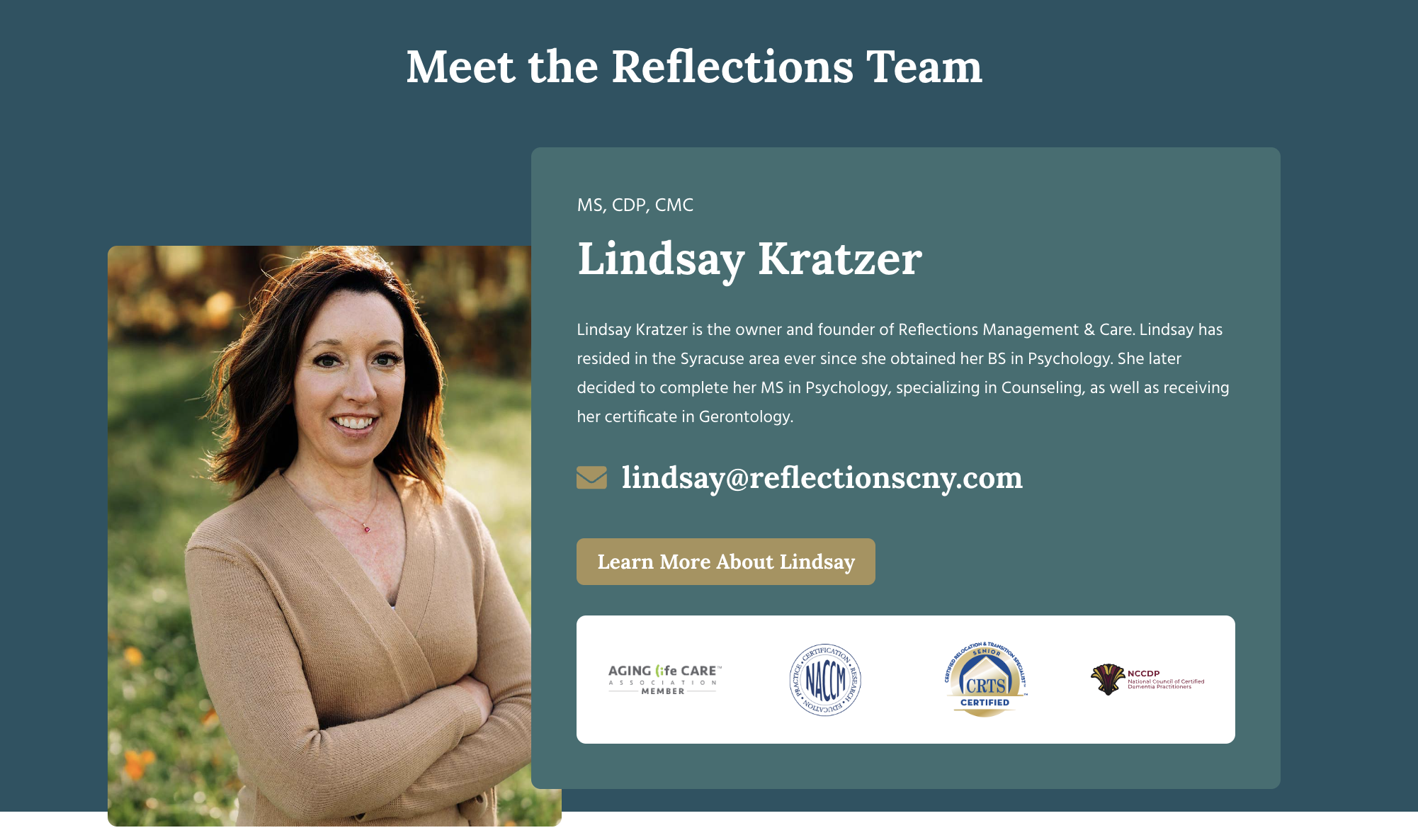 Biography of Reflections' founder.