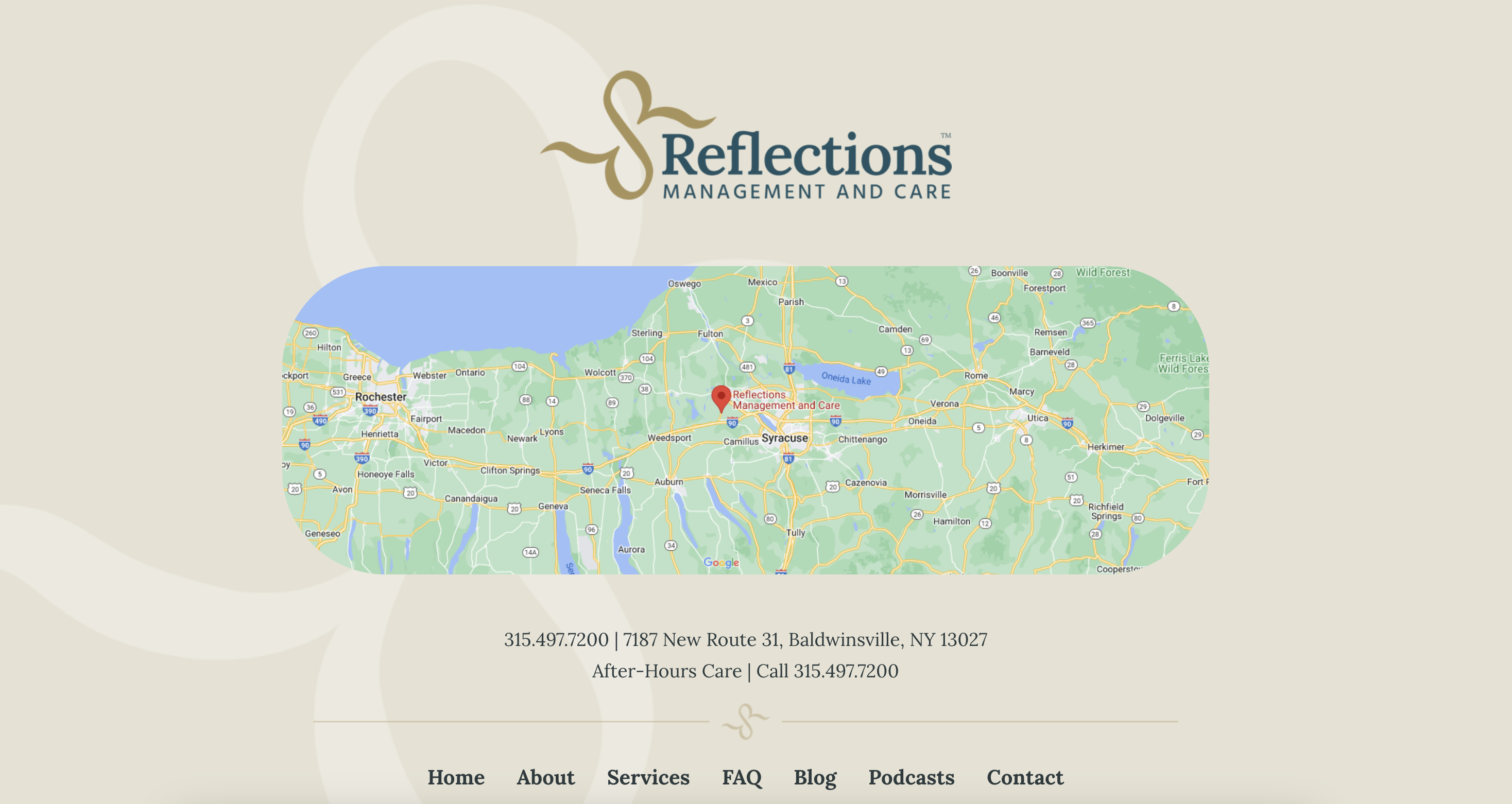 Reflections' footer with map, address and business hours.